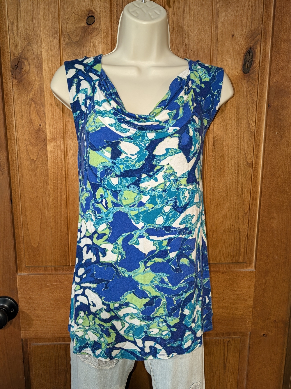 Dana Buchman Blue, Green & White Cowl Neck  Blouse